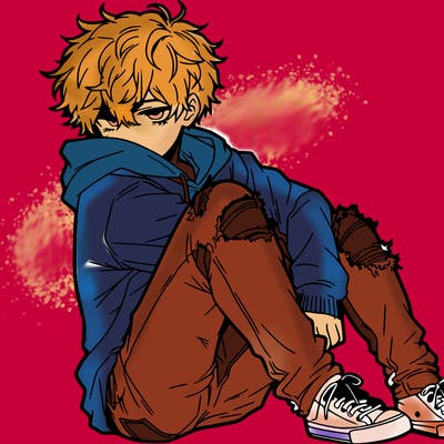 a male hoddie ripped jeans messy hair anime