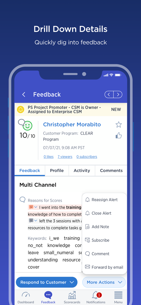 Medallia Mobile 3 - Medallia Mobile 3 detailed customer feedback view with action menu.