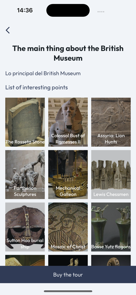 App-Bildschirm, der die wichtigsten Artefakte der British Museum Tour auflistet, darunter den Stein von Rosette und die Parthenon-Skulpturen