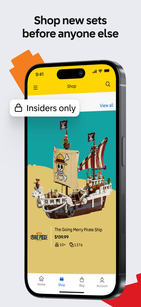 L'interface de la boutique de l'application LEGO Insiders présentant un accès anticipé à un set du navire pirate Going Merry de One Piece.