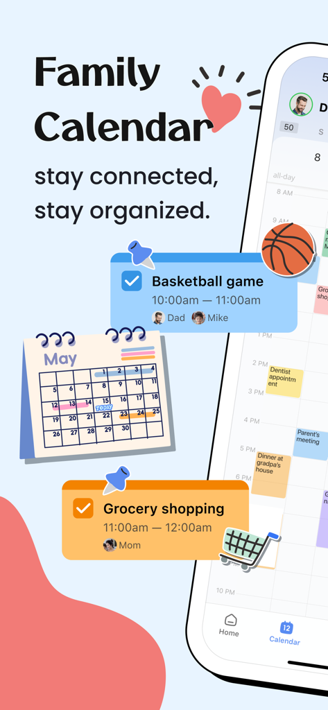 FamCal app interface showing a shared family calendar with tasks and color coded events