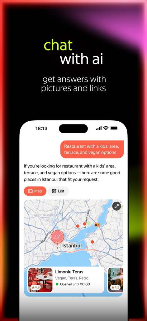 yandex ai: chatbot & assistant - Yandex AI chatbot interface showing restaurant recommendations in Istanbul with an integrated map and location photos