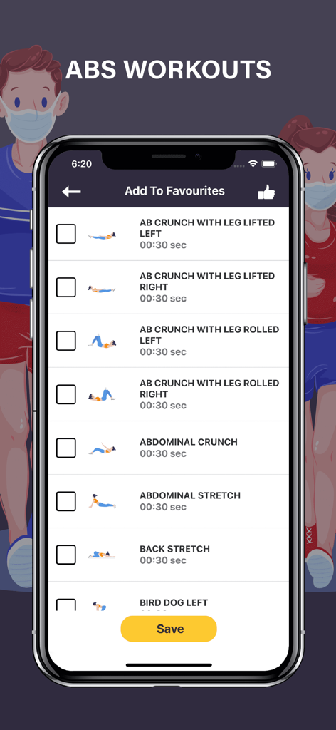 Abs Workout Fit Body Exercises - Una pantalla de aplicación móvil que muestra una lista de ejercicios abdominales como crunches y estiramientos con temporizadores de 30 segundos.