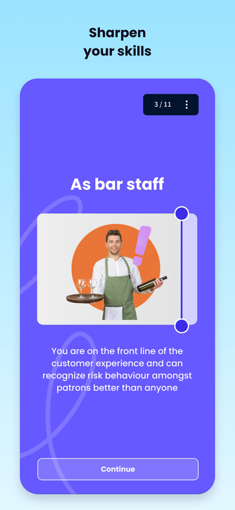 EdApp: Mobile LMS - A training module on EdApp for bar staff showing a waiter and customer experience tips