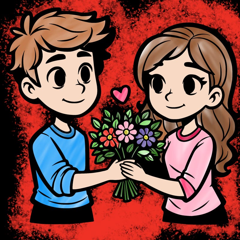 a teenage boy giving a teenage girl flowers