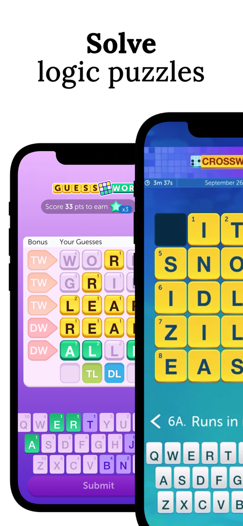 Capturas de pantalla de la aplicación móvil Words With Friends mostrando juegos de adivinanza de palabras y puzzles de lógica de crucigramas