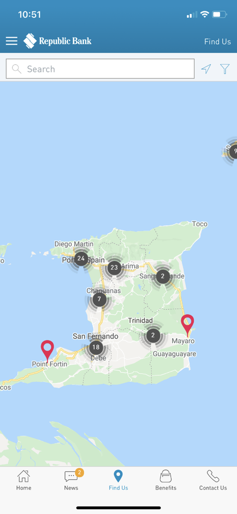 Republic Bank branch and ATM locator map of Trinidad and Tobago
