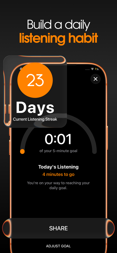 Smartphone screen of the Quranify app displaying a 23 day listening streak and daily goal progress.