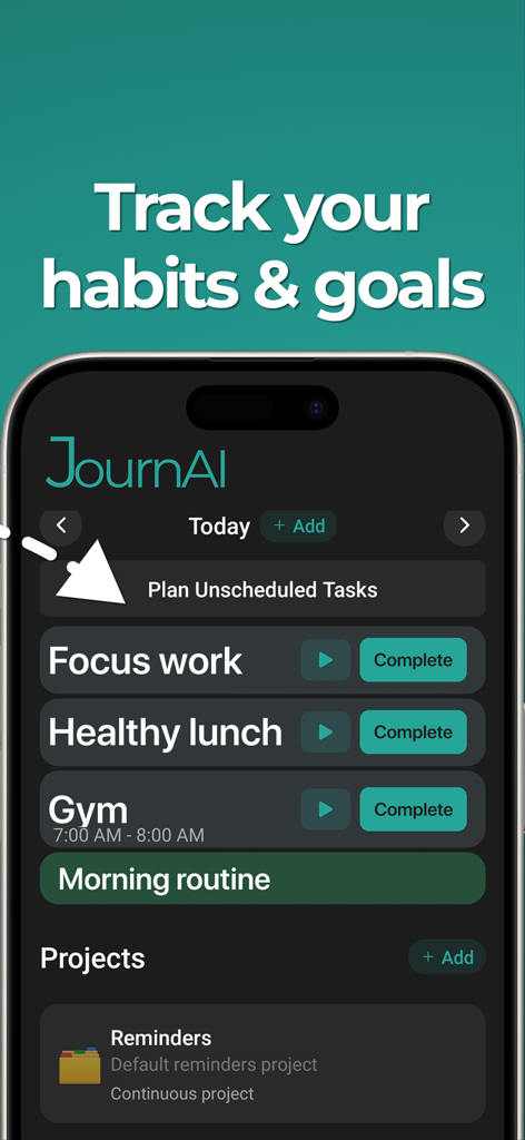 JournAI: Photo Habit Tracker - JournAI app interface displaying daily habits and goal tracking tasks on a smartphone