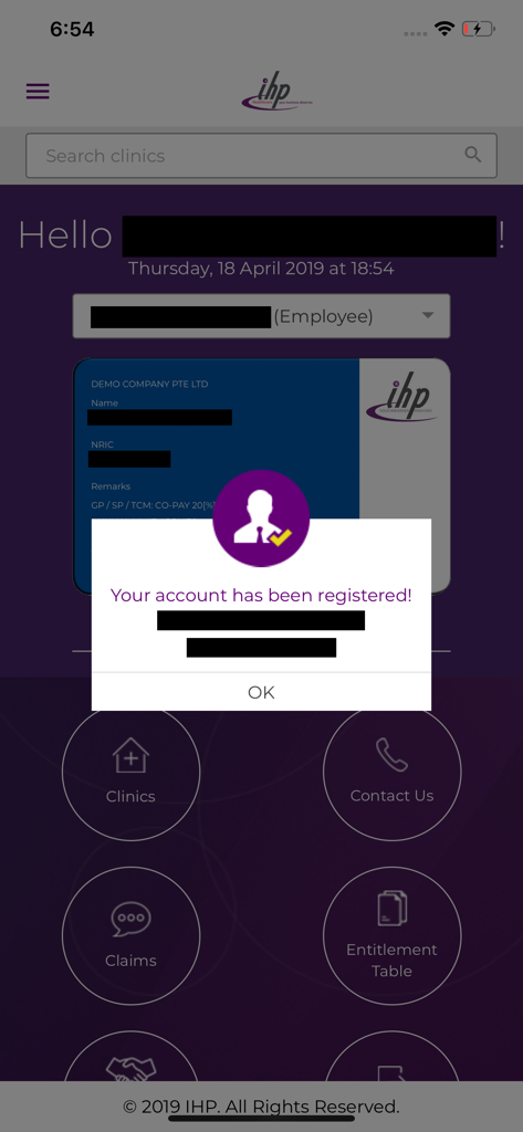 IHP App home screen showing successful account registration notification with digital insurance card