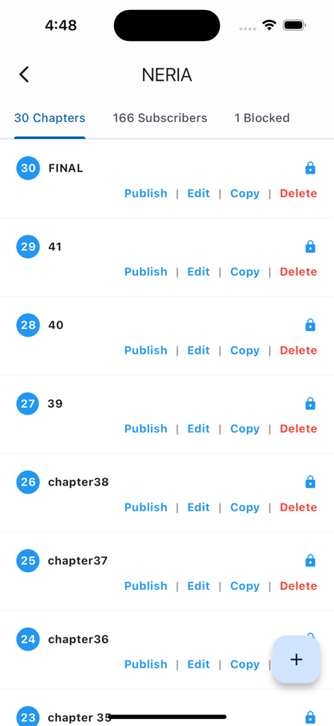 A list of book chapters in the Boom Writer mobile app with options to publish, edit, copy, and delete each chapter.