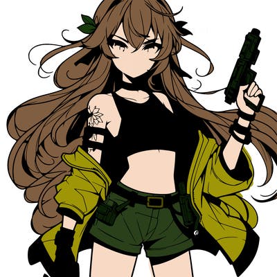 bad girl wearing crop top holding a gun long hair anime
