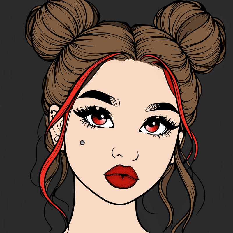 realistic girl with two buns on her hair and lips