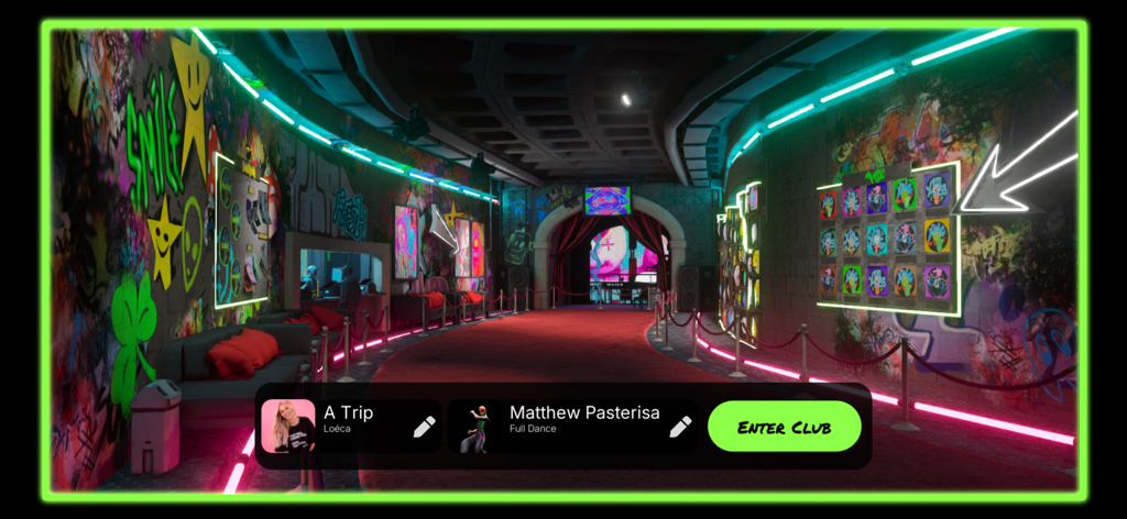 Xing 360 - Una entrada virtual a un club de baile urbano con luces de neón y grafitis en la aplicación Xing 360