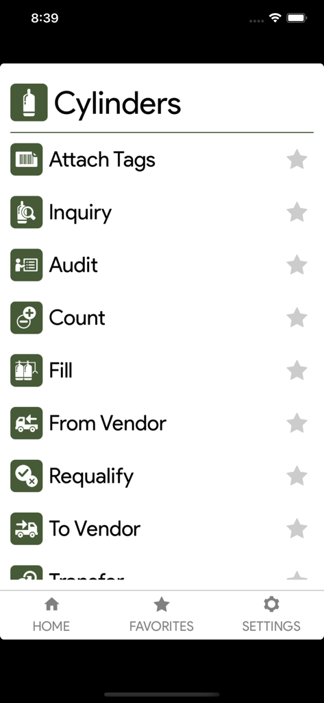 TIMS - TIMS app cylinder management screen showing inventory options like attach tags inquiry audit count and fill