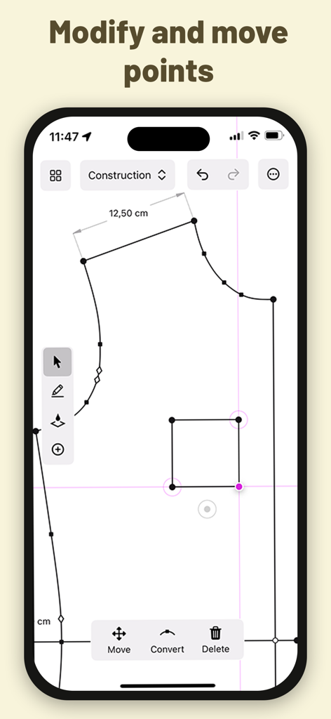 Digital sewing pattern being edited in DartSide app construction mode showing point modification tools