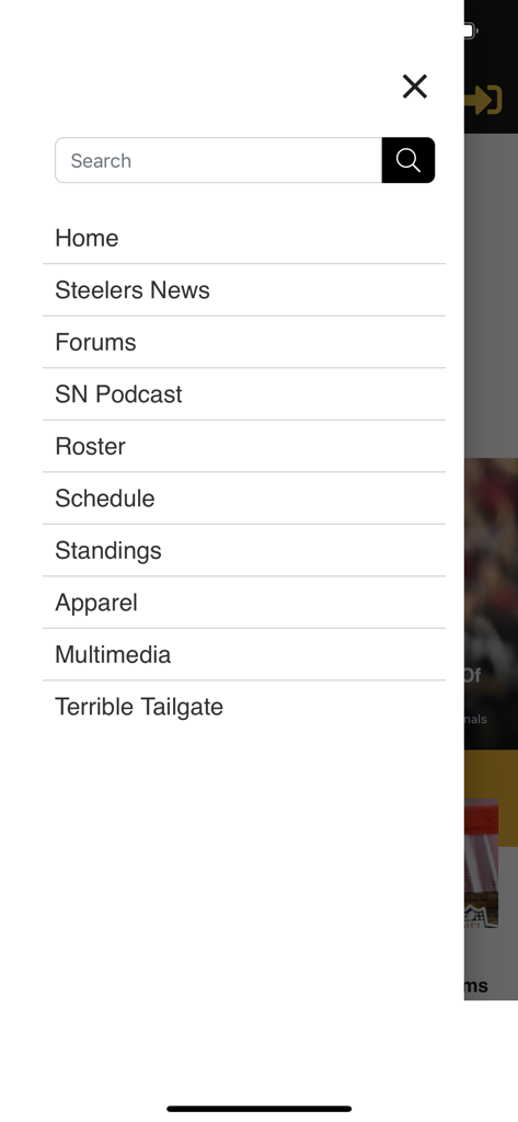 SteelerNation.com - SteelerNation.com app side navigation menu with links to Steelers news, forums, roster, and schedule