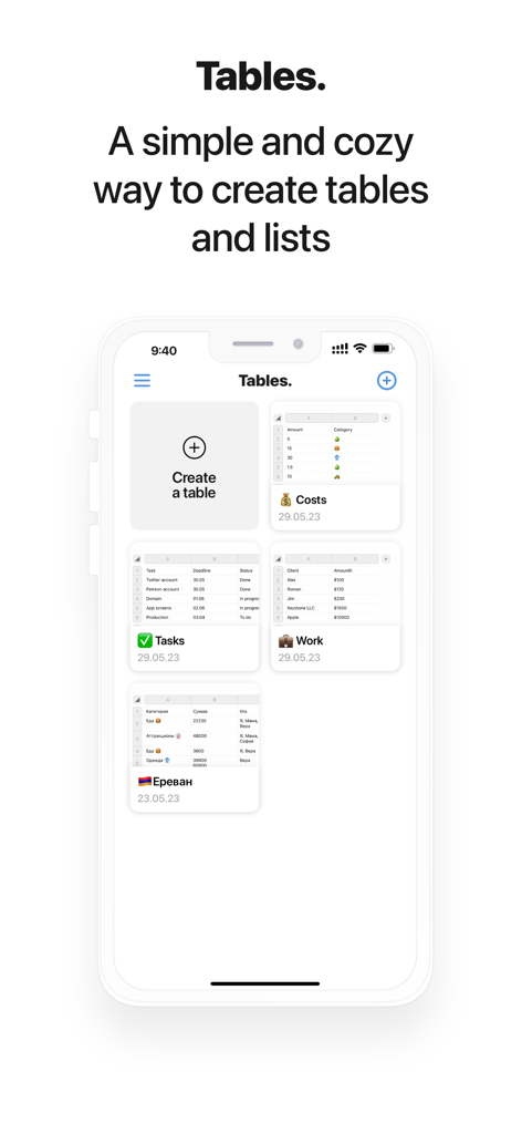 Tables. Just tables. - コスト、タスク、作業のシンプルなテーブルプレビューを示す、ミニマリストなiPhoneアプリのインターフェース。