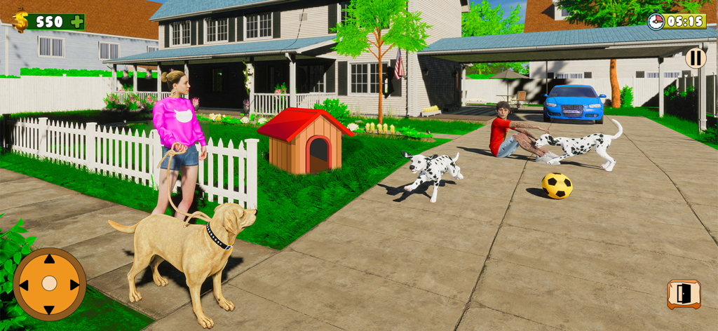 Pet Dog Simulator - Pet Vet - A woman walks a golden retriever while a man plays with dalmatian puppies in a suburban yard simulation.