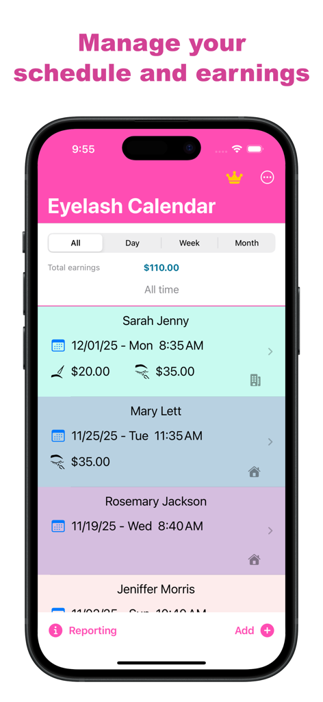 Eyelash Tech Appointment App interface showing a list of client bookings with names, dates, times, and service prices for tracking earnings and schedule.