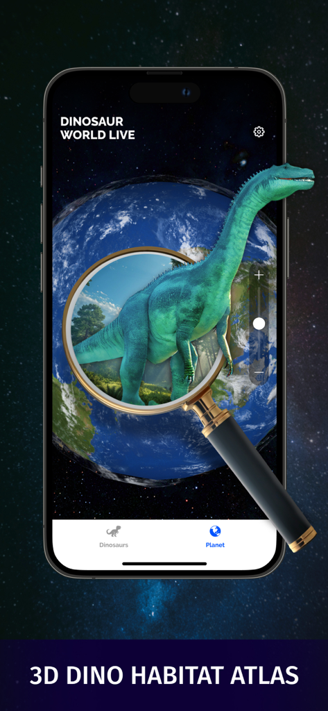 Dinosaur World Alive AR: Facts - A smartphone screen displaying the 3D Dino Habitat Atlas feature with a globe and a long-necked dinosaur visible through a magnifying glass.