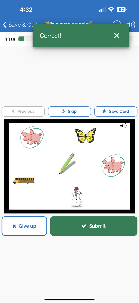 Boom Cards - A digital learning screen from Boom Cards showing a green Correct notification after a student completes a task.