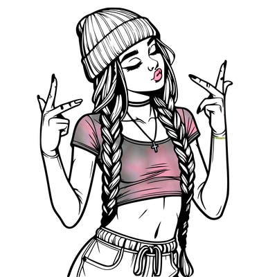 realistic teenage girl with braids and a beanie and crop top doing 🫶🏼