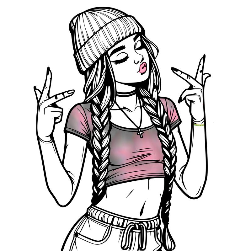 realistic teenage girl with braids and a beanie and crop top doing 🫶🏼