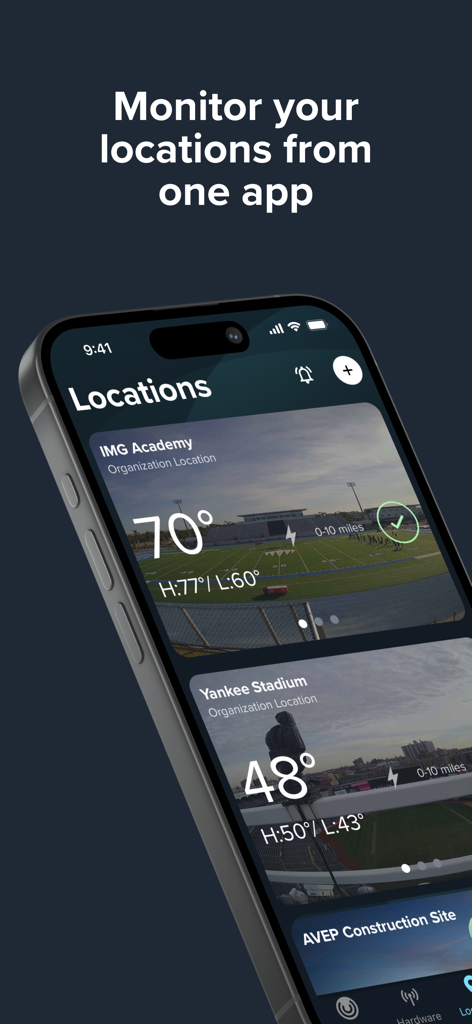 Perry Weather - Smartphone screen displaying the Perry Weather app Locations dashboard with real-time data for stadiums and construction sites.