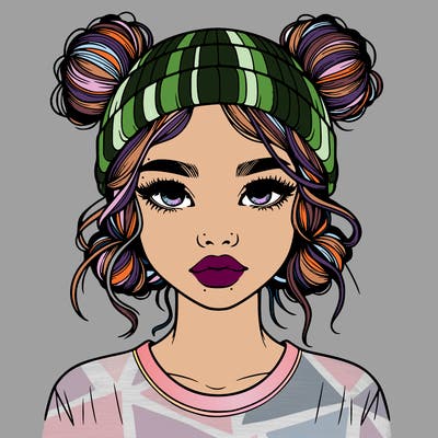 realistic girl with buns in her hair with a beanie on