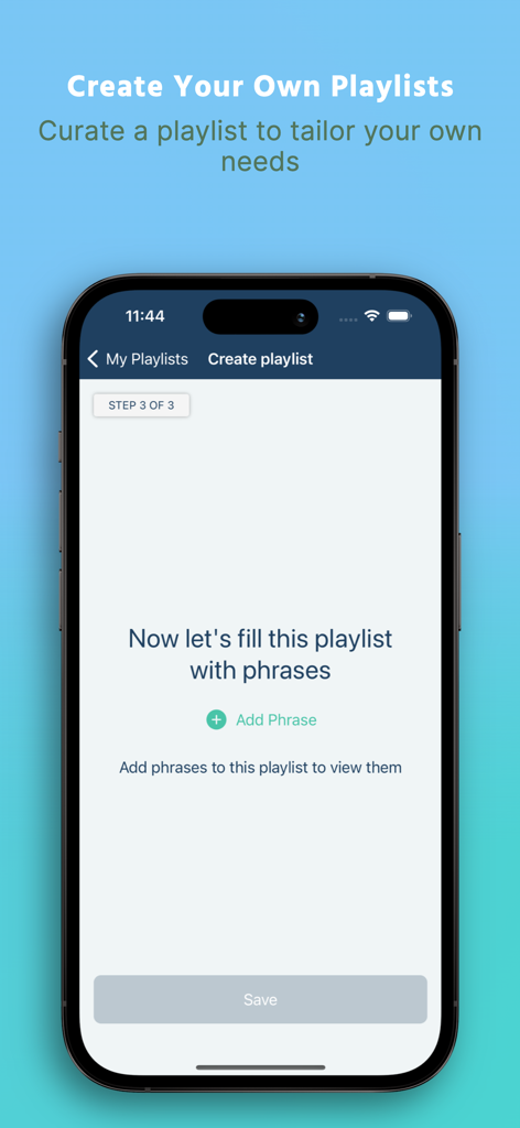 CanopySpeak Premium - A screenshot of the CanopySpeak Premium app showing the process of creating a custom medical phrase playlist.