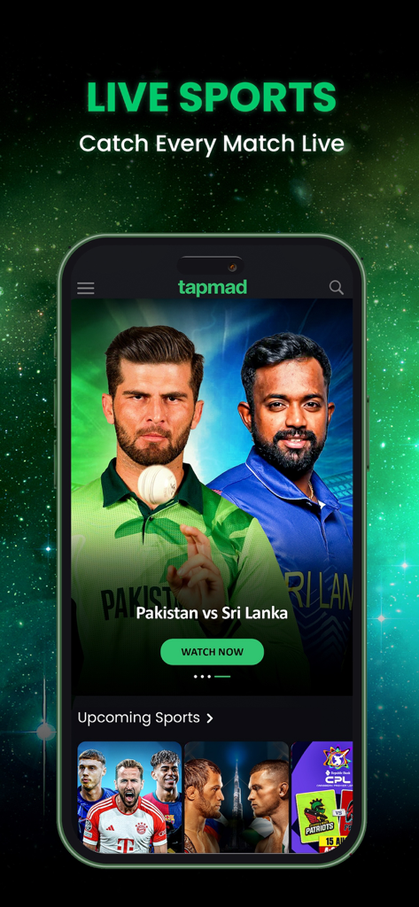 Tapmad app interface for live cricket and sports streaming