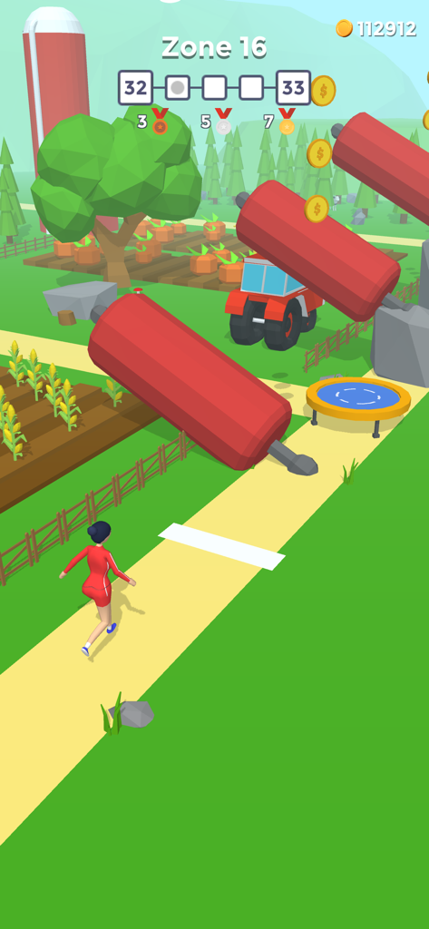 Flip Jump Stack - A character in a red tracksuit runs towards rotating obstacles and a trampoline in a farm themed level of Flip Jump Stack.