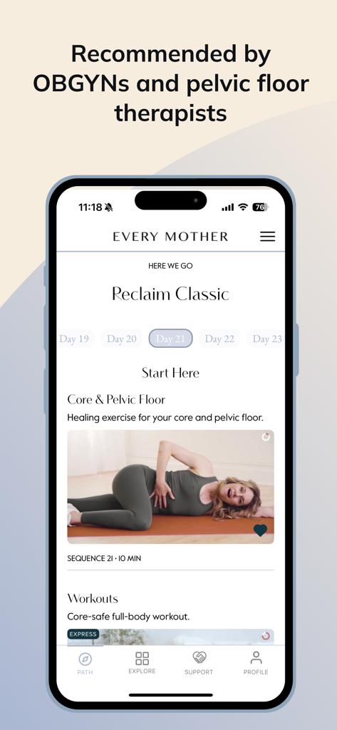 의료 전문가가 권장하는 코어 및 골반저 운동을 보여주는 Every Mother 앱 화면