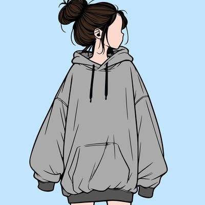 realistic girl with a oversized sweatshirt on and a bun