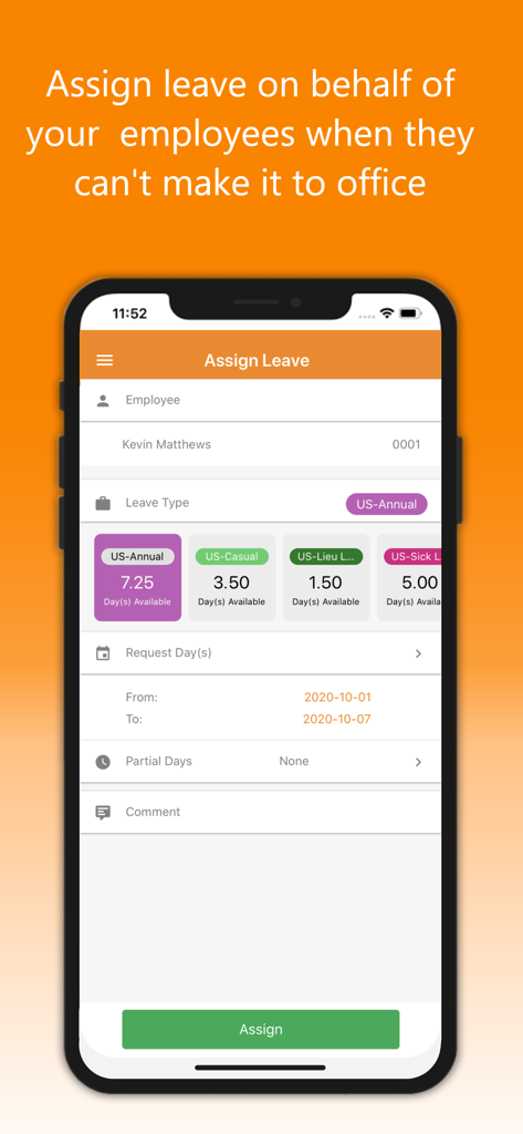 OrangeHRM Open Source app interface showing a manager assigning annual leave for an employee named Kevin Matthews on a mobile device