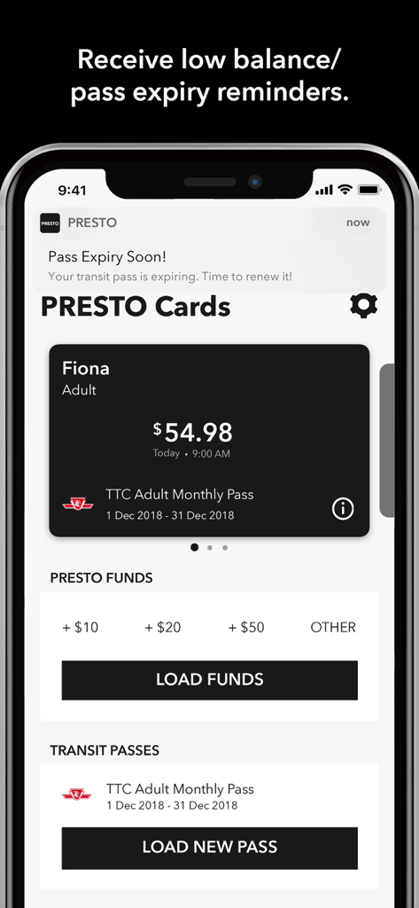 A smartphone displaying the PRESTO app interface with a pass expiry notification and options to load funds or a new transit pass.