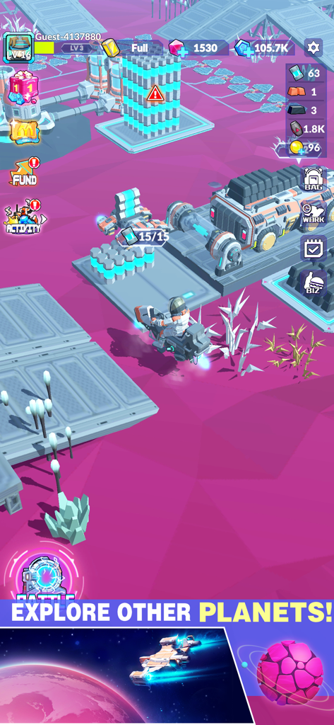 Space Survivor Star Pioneer gameplay screenshot showing a character on a futuristic vehicle exploring a base on a purple alien planet