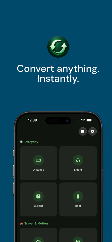 Measure Converter App - Measure Converter App interface displaying unit categories like distance liquid weight and heat on an iPhone