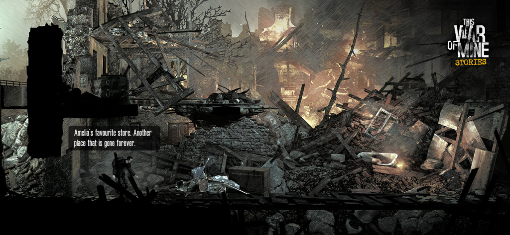 This War of Mine: Stories - Um personagem em pé nos escombros de um prédio destruído em This War of Mine Stories Father's Promise.