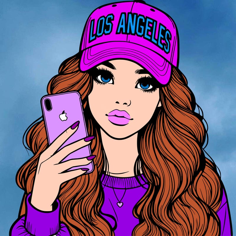 realistic beautiful girl wearing los ángeles cap holding an iphone
