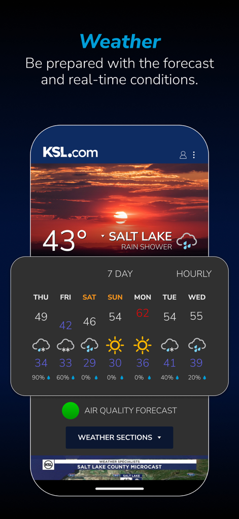 Interfaz de la aplicación KSL.com News Utah que muestra un pronóstico meteorológico de 7 días y las condiciones actuales para Salt Lake City