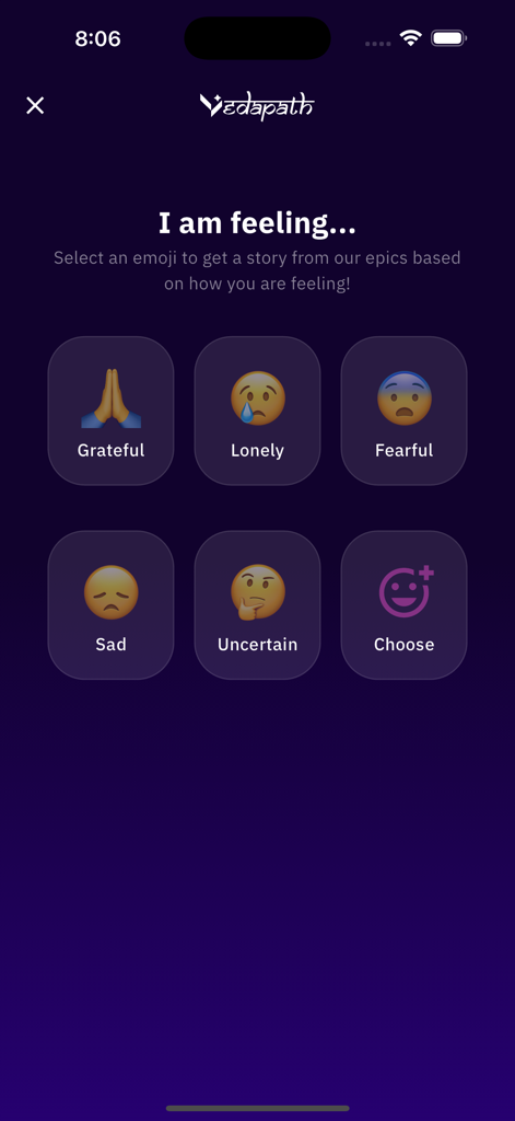 Vedapath app mood selection screen featuring emojis for grateful lonely fearful and sad emotions to provide personalized spiritual guidance