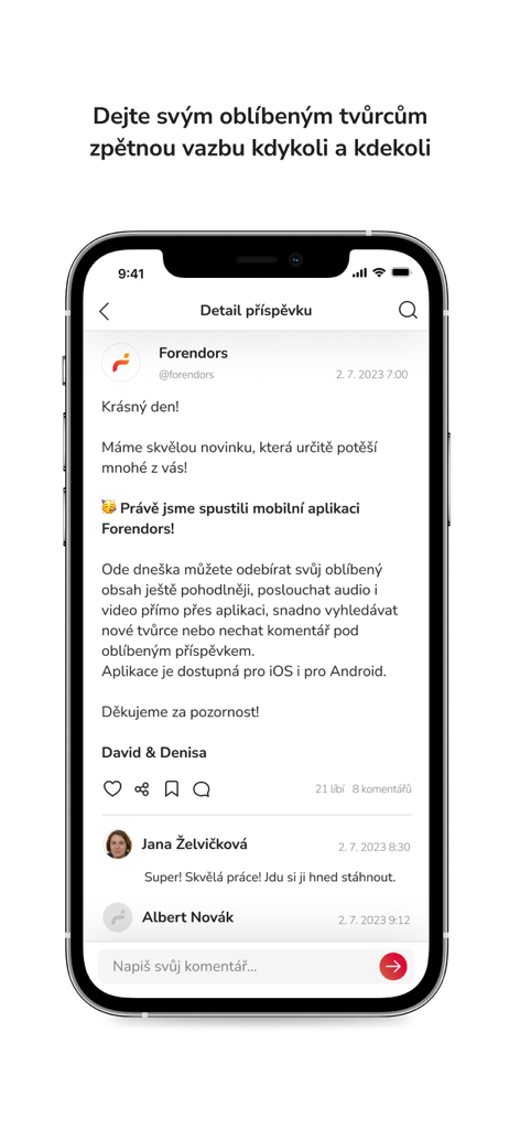 Forendors - Forendors app interface showing a creator post with user comments and feedback section