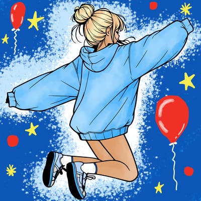 realistic girl jumping with a bun and oversized sweatshirt
