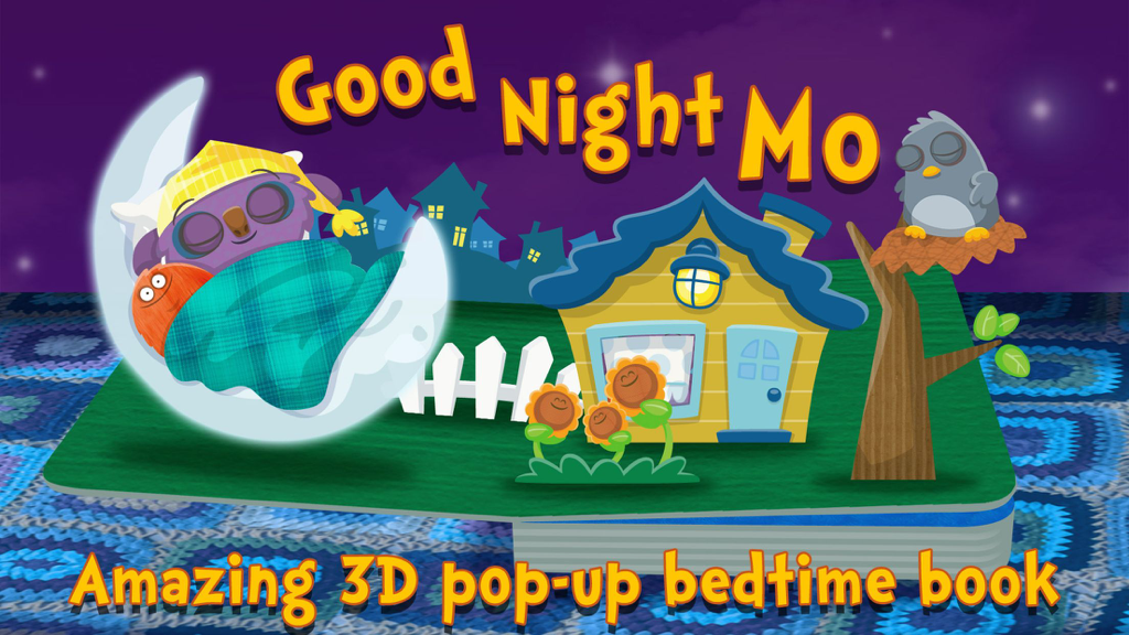 Goodnight Mo app title screen featuring a 3D pop-up book with a sleeping monster on the moon and a house at night