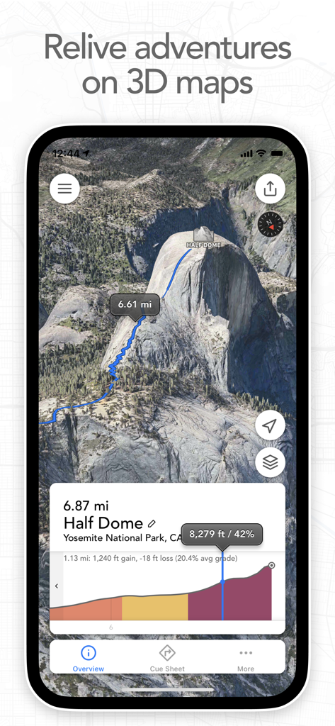 A 3D hiking route of Half Dome in Yosemite shown on the Footpath Route Planner app with elevation profile