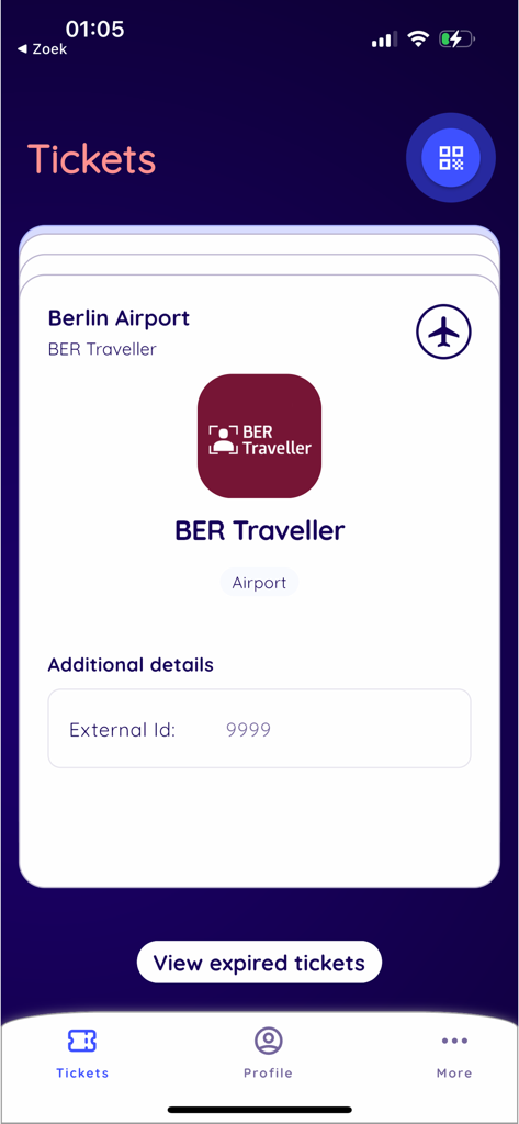 FastID - FastID mobile app showing a digital ticket for Berlin Airport