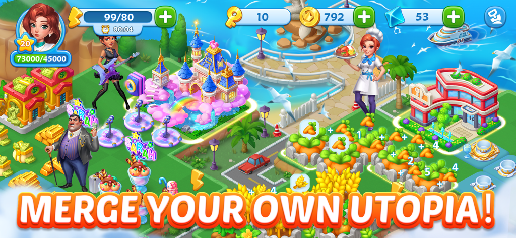 Merge Topia-Screw Jam - A colorful tropical island scene in Merge Topia showing characters, a pink castle, and a carrot farm with the text Merge Your Own Utopia.