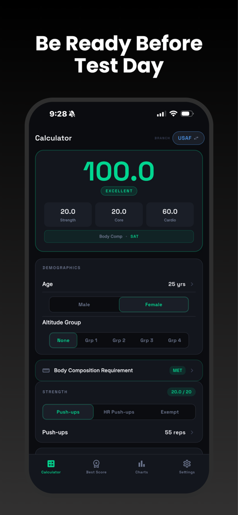 Air Force PT Calculator 2026 - Air Force PT Calculator app interface displaying a perfect fitness score and assessment components